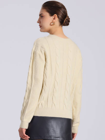 Allegra K - Long Sleeve Cable Knit Crewneck Sweater