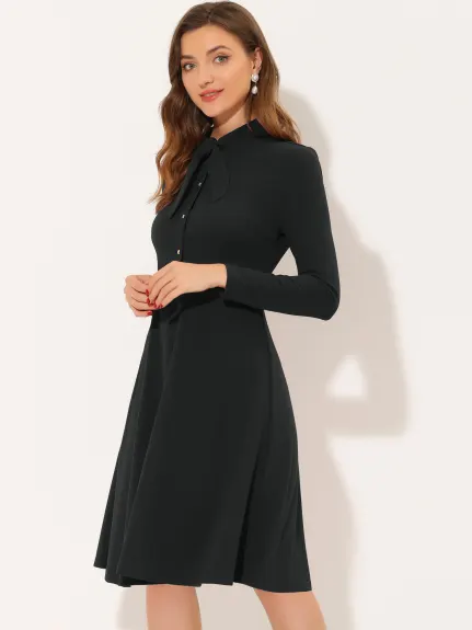 Allegra K- Tie Neck Knit Long Sleeve Midi Sheath Dress