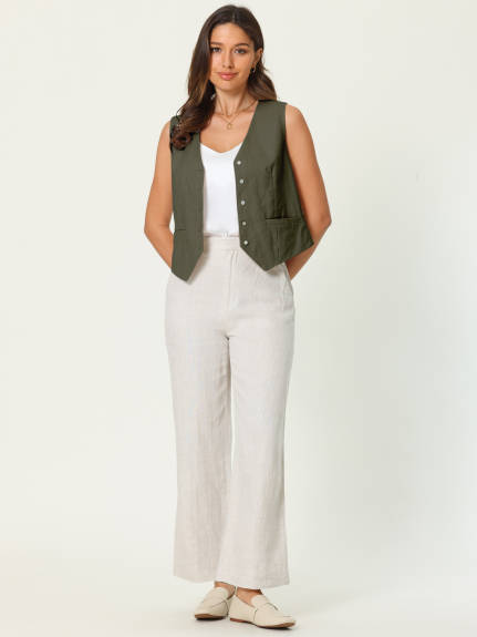 Hobemty- Linen Vest Sleeveless Button Down Waistcoat