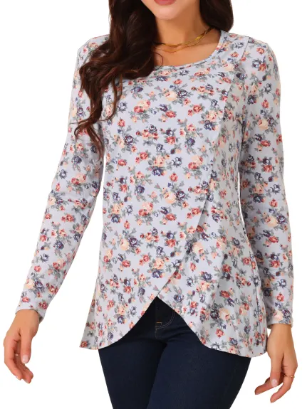 Allegra K - Asymmetrical Hem Floral Casual Top