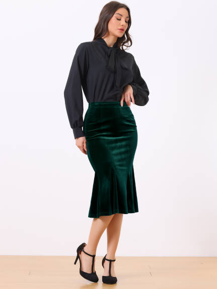 Allegra K- Elastic Waist Velvet Fishtail Bodycon Skirt