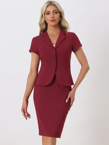 Allegra K- 2 Piece Suit Set Short Sleeve Blazer Jacket Pencil Skirt