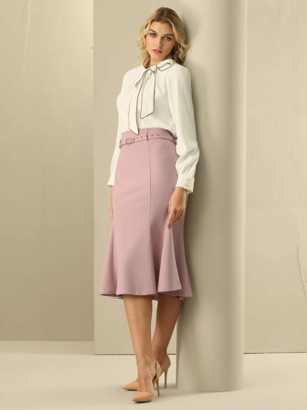 Hobemty - High Waist Belted Midi Fishtail Skirt