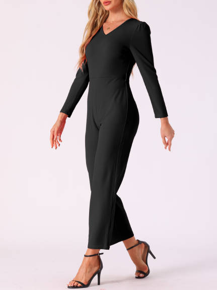 Allegra K - V Neck Long Sleeve Tie Waist Jumpsuit