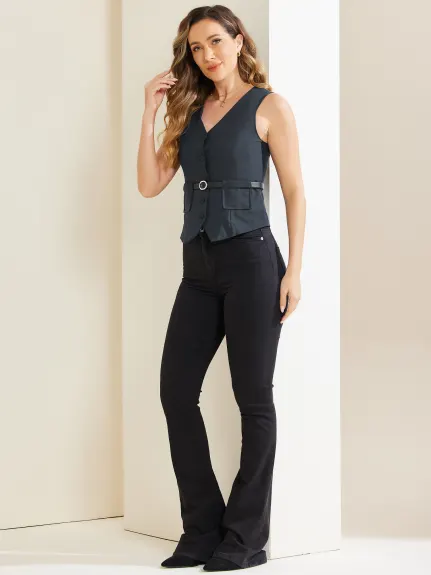 Allegra K- Button Up Belt V Neck Waistcoat