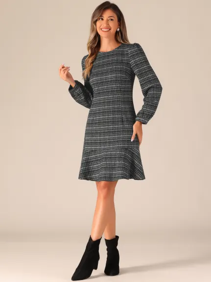 Allegra K - Vintage Long Sleeve Ruffle Hem Tweed Dress