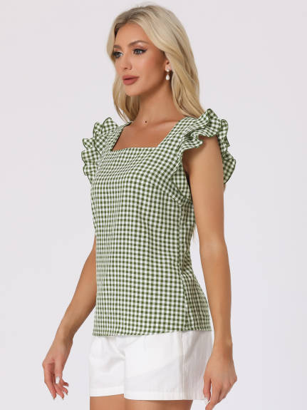 Allegra K - Summer Ruffle Sleeve Gingham Top