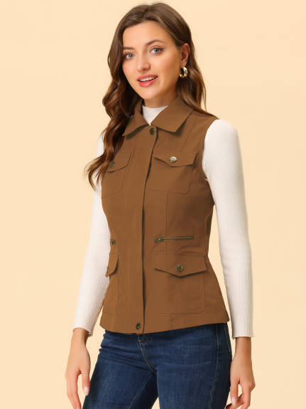 Allegra K- Zip Up Jacket with Pockets Cargo Utility Vest