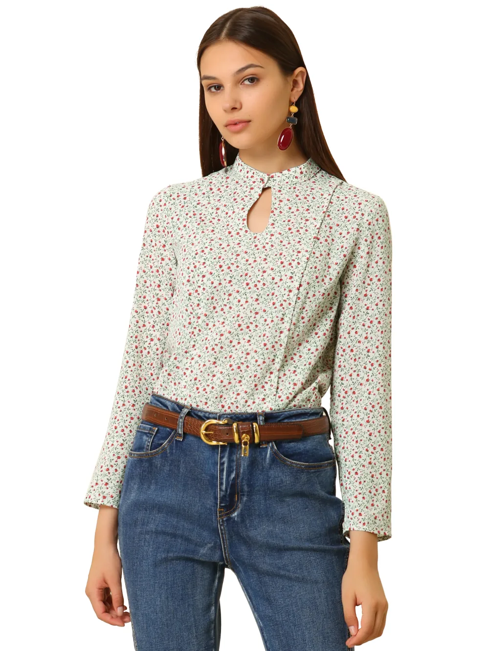 Allegra K - Long Sleeve Work Keyhole Floral Blouse