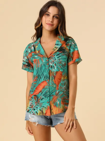 Allegra K- Beach Tropical Printed Button Down Shirt