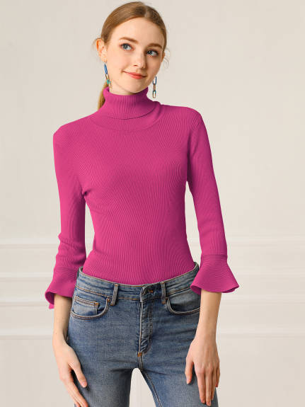 Allegra K- Turtle Neck 3/4 Ruffle Sleeves Pullover Slim Rib Knit Sweater