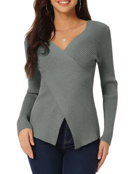 Allegra K- V Neck Wrap Long Sleeve Sweater Top