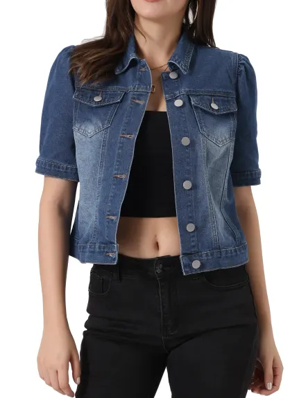 Allegra K- Short Button-Down Jean Denim Jacket