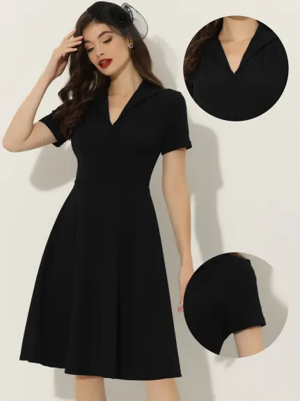 Allegra K- Vintage Flat Collar Short Sleeve Fit and Flare Dress