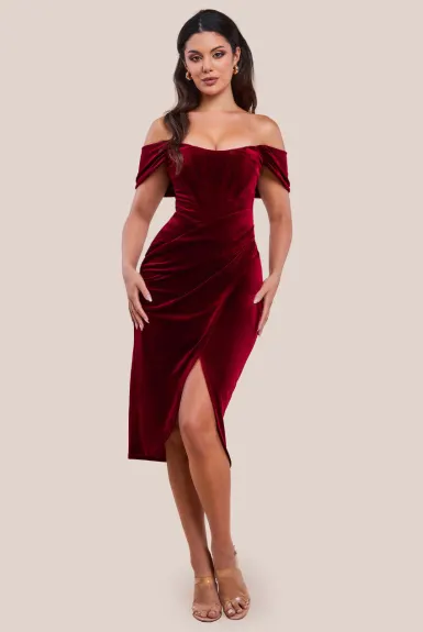 Goddiva - Draped Shoulder Velvet Corset Midi Dress