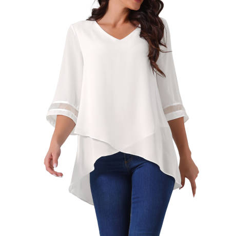 Allegra K - V Neck 3/4 Sleeve High Low Tunic Top