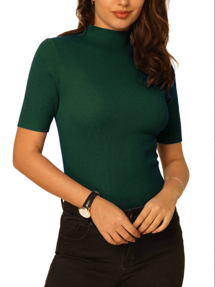 Hobemty- Mock Neck Half Sleeve Knitted Top