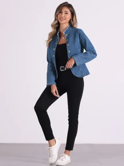 Allegra K - Distressed Stand Collar Denim Jacket