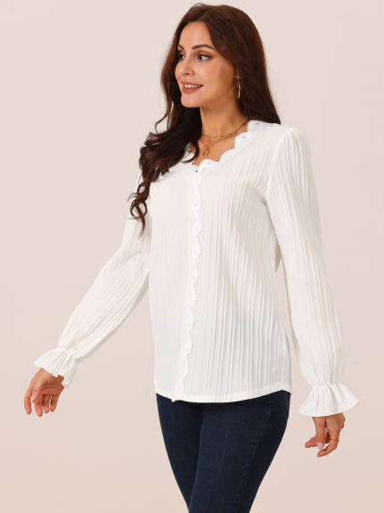 Allegra K - Lace V Neck Lantern Sleeve Casual Top