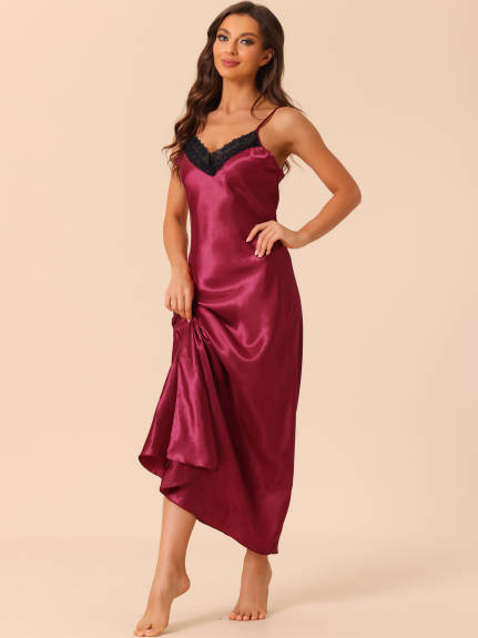 cheibear - Camisole Lace Trim Maxi Nightgown