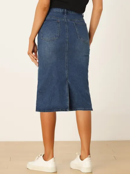 Allegra K- jupe Midi pour femme taille haute à dos fendu en Denim