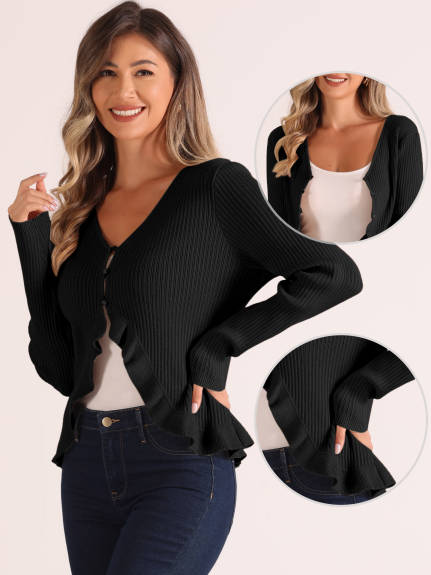 Allegra K - Long Sleeve Ruffle Cropped Knit Cardigan