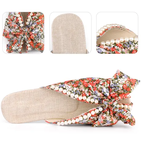 Allegra K - Floral Print Peep Toe Slip-on Pearl Flat Slides