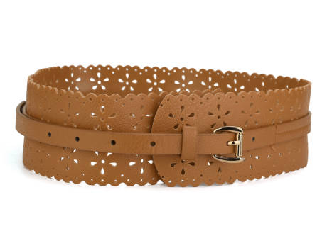 Allegra K- Hollow Retro Floral Leather Cinch Wide Belt