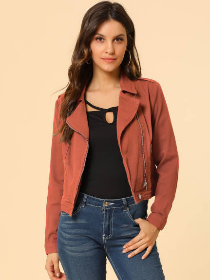 Allegra K- Notched Lapel Asymmetric Zip Moto Denim Jacket