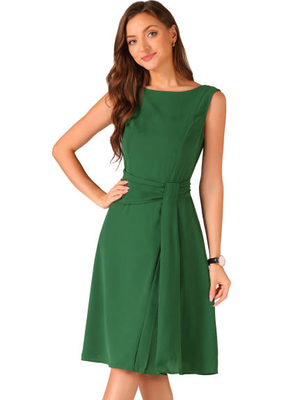 Allegra K - Tie Waist Boat Neck Sleeveless Midi Dress