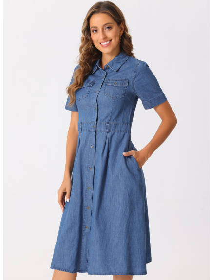 Allegra K - Denim A-Line Button Up Midi Dress