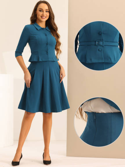 Allegra K - Office Peplum Jacket Pleated Skirt Suit