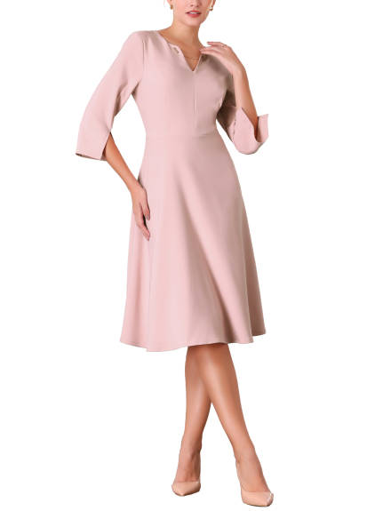 Hobemty - V-Neck 3/4 Sleeve A-Line Midi Dress