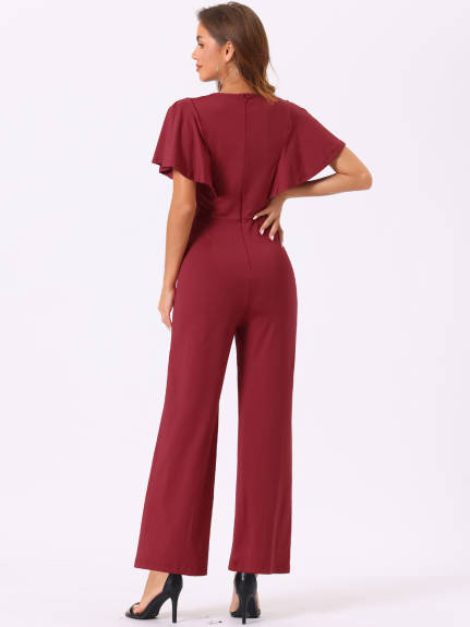 Allegra K - Ruffle Short Sleeve Fitted Wide Leg Jumpsuit