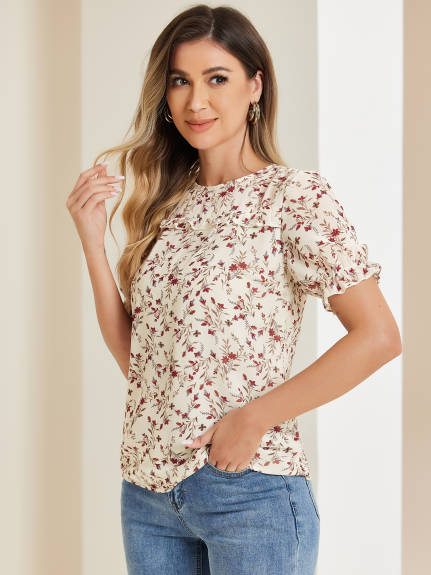 Allegra K- Chiffon Ruffled Trim Floral Blouse