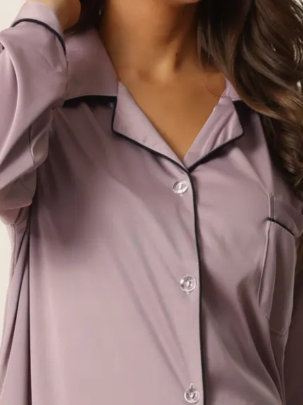 cheibear - Satin Button Down Long Sleeve Shirt Nightgown