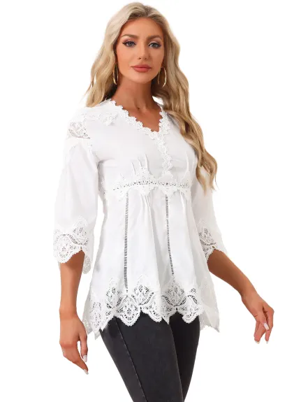 Allegra K - Lace Trim Chiffon Hollow Out Blouse