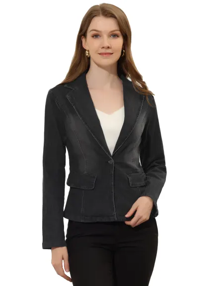 Allegra K- Notched Lapel One Button Washed Denim Blazer