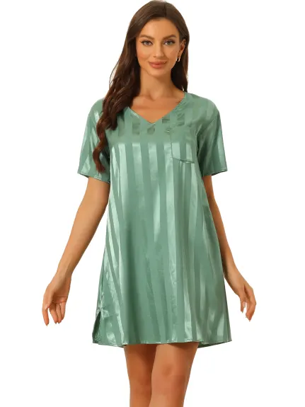 cheibear - Summer Striped Silky Satin Lounge Dress Nightshirt