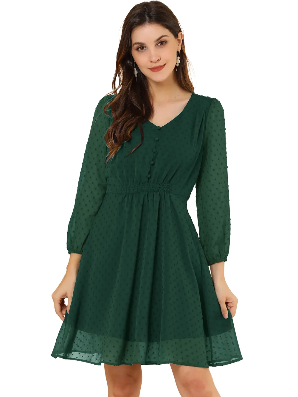 Allegra K- Swiss Dots 3/4 Sleeve A-line Chiffon Dress