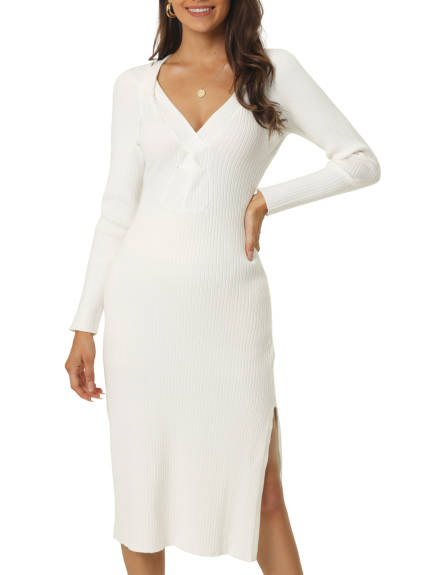 Allegra K- Twist Front Slim Fit Knit Side Slit Midi Sweater Dress