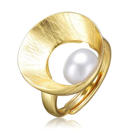 Genevive Sterling Silver 14k Gold Plated with Genuine Freshwater Pearl Geometric Ring