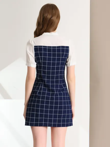 Allegra K- Plaid Panel Tie Neck Puff Short Sleeve Dress