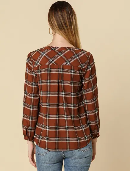 Allegra K- Plaid V Neck Long Sleeve Blouse Shirt