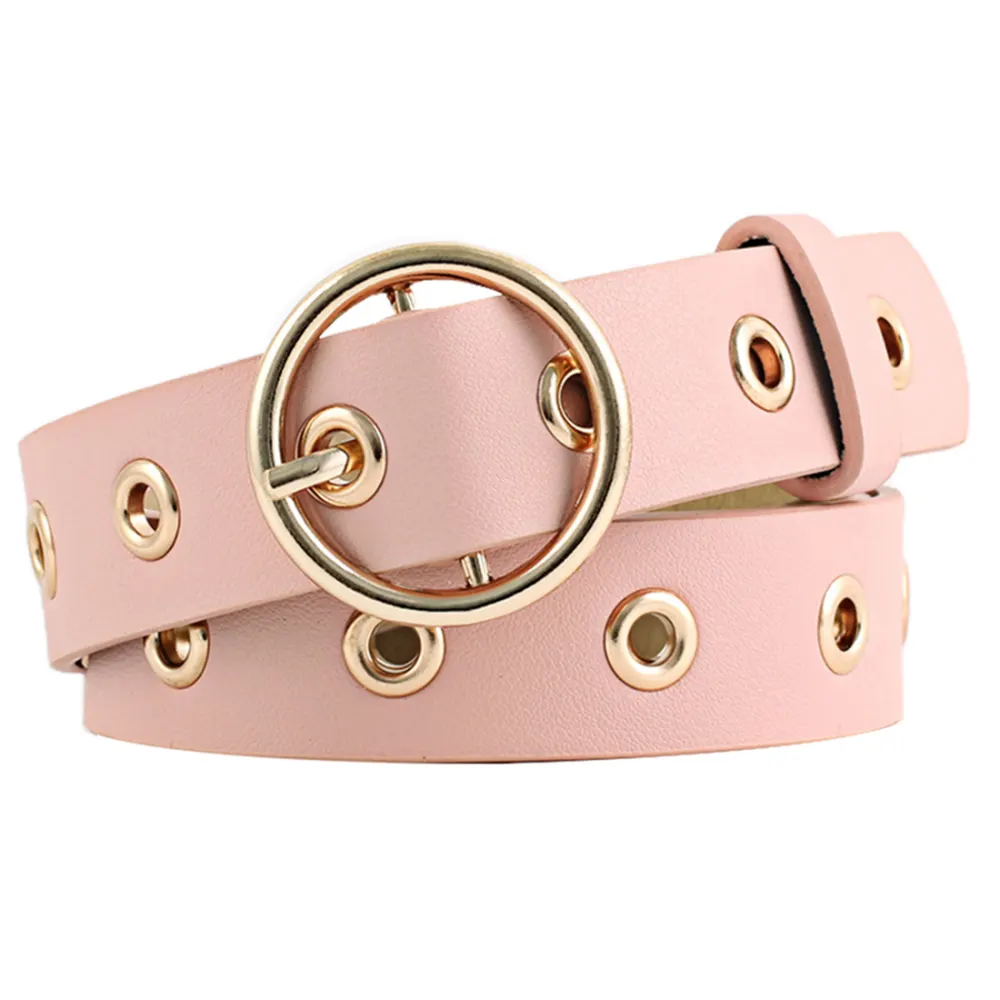 Allegra K- Studded Grommet Circle Metal Buckle Leather Belt