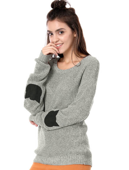 Allegra K- Drop Shoulder Elbow Cat Patch Loose Pullover Sweater