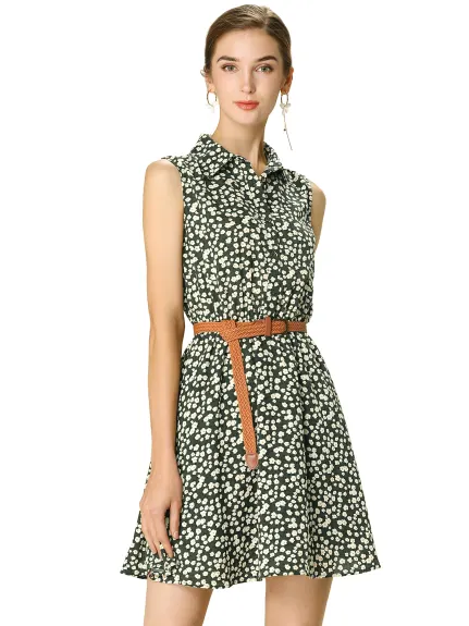 Allegra K- Printed Half Placket Sleeveless Belted Dress