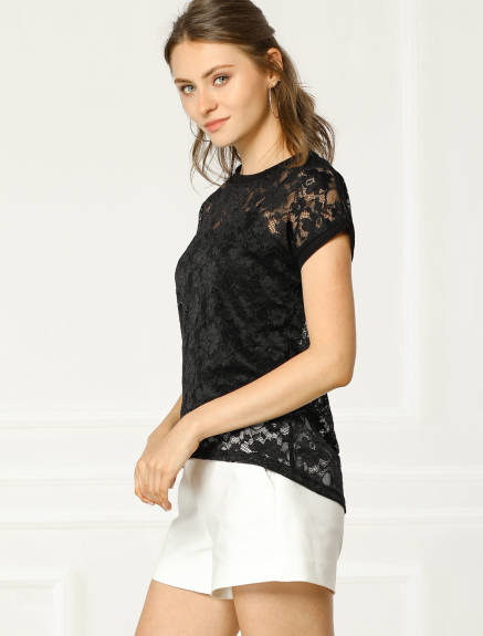 Allegra K- Lace Floral Embroidery See-Through Top