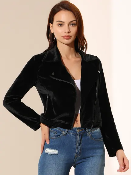 Allegra K- Velvet Zipper Lapel Collar Moto Biker Jacket