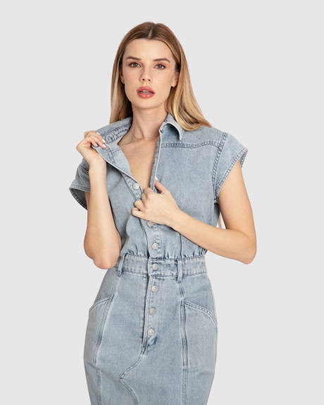 Robe chemise mi-longue en denim Sundown - Délavage à la pierre